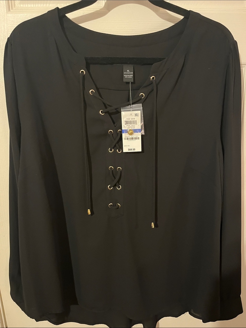 INC International Concepts Black Lace-Up Blouse with Gold Eyelets